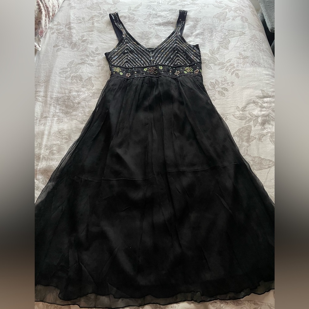Vintage Black Silk Chiffon Floral‎ Embroidered Babydoll Sequin Midi Dress Medium